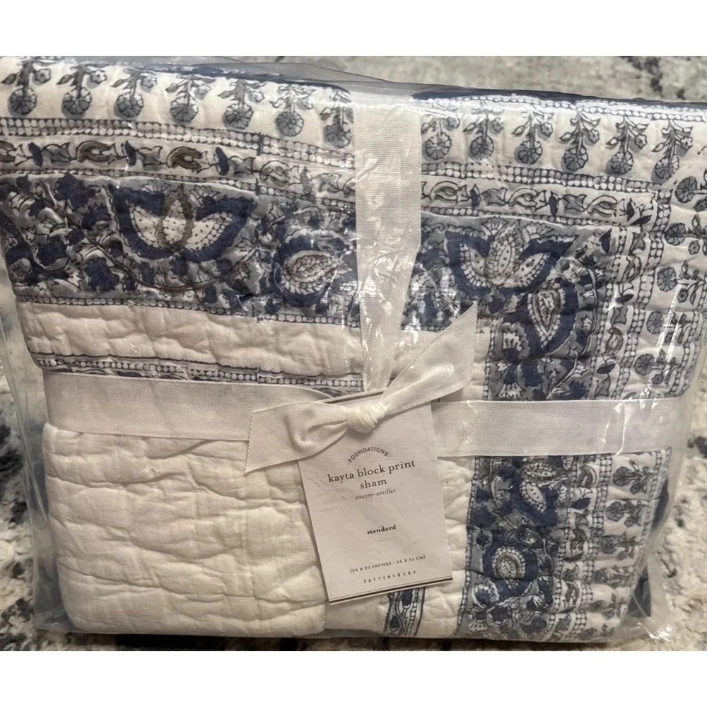 One Pottery Barn Kayta Block Print Sham Standard Quilted Blue White New